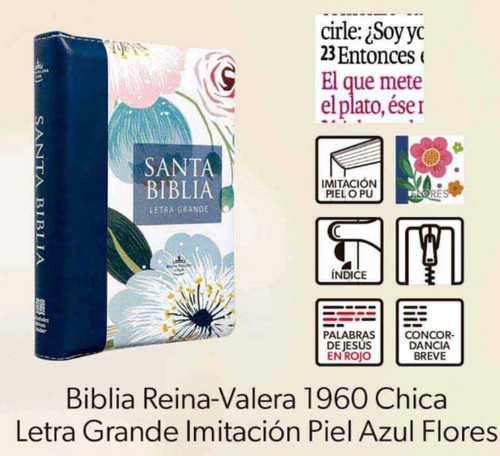 Biblia Reina-Valera 1960 Chica Letra Grande Imitación Piel Azul Flores